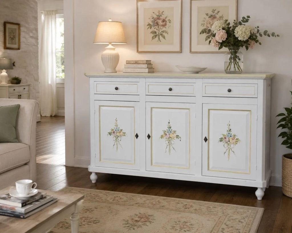 Credenza 3 ante legno bianca decorata filo verde 150x45x98 - Mobili 2G