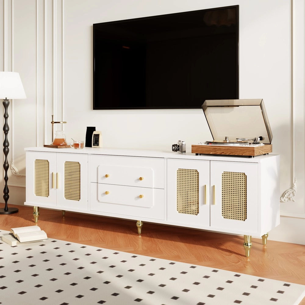 Mobile TV Stile Retr¨° con Ante in Rattan ¨C Xylo ¨C Gambe in Metallo, Maniglie Dorate