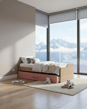 Letto attrezzato Jonny - Letto salvaspazio moderno per cameretta - Struttura virginia con il cassettone del letto rosa- Letto estraibile inferiore - Rete a doghe inclusa e materassi esclusi_