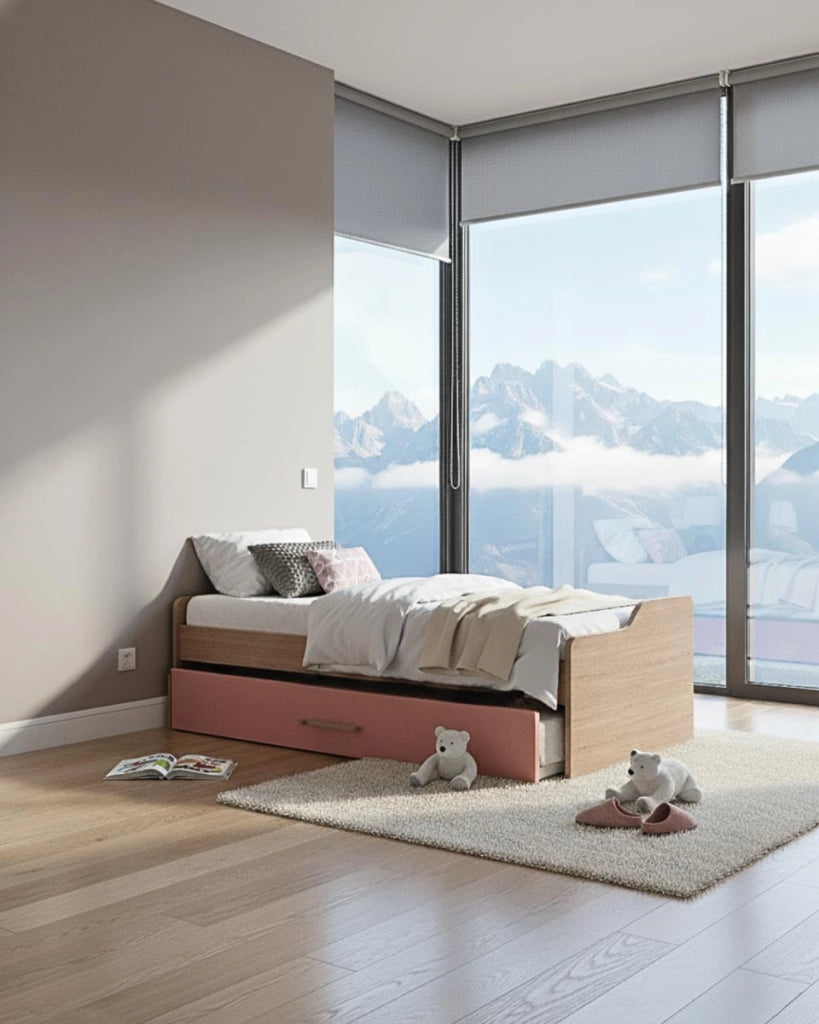 Letto attrezzato Jonny - Letto salvaspazio moderno per cameretta - Struttura virginia con il cassettone del letto rosa- Letto estraibile inferiore - Rete a doghe inclusa e materassi esclusi_