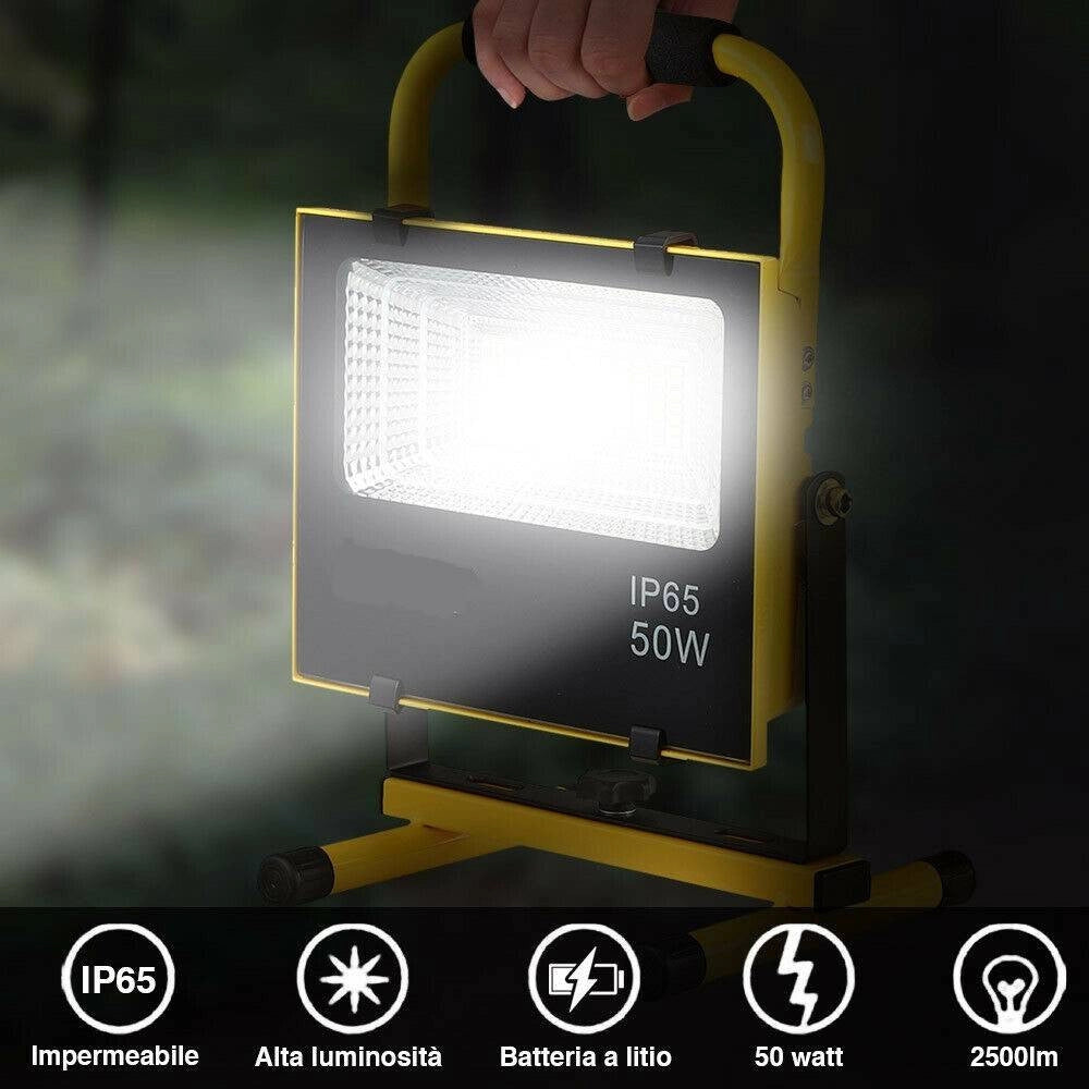 Trade Shop - Lampada Faro Led Lavoro Portatile Torcia 50w Batteria Litio Luce Emergenza 2500l -