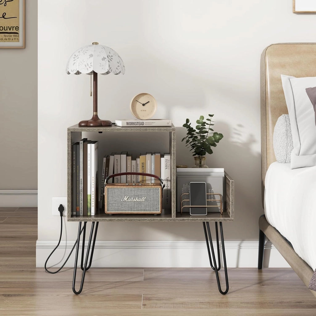 - Supporto per giradischi, 66 x 45 x 67 cm, tavolino con stazione di ricarica integrata, scaffale per la conservazione dei vinili con gambe in metallo, armadio per camera da letto, soggiorno