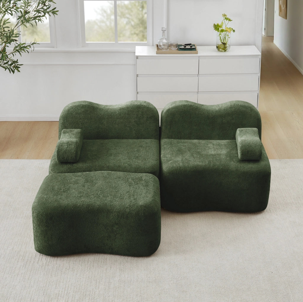 Divano angolare modulare in velluto verde con pouf; 192x167x70 cm; senza montaggio