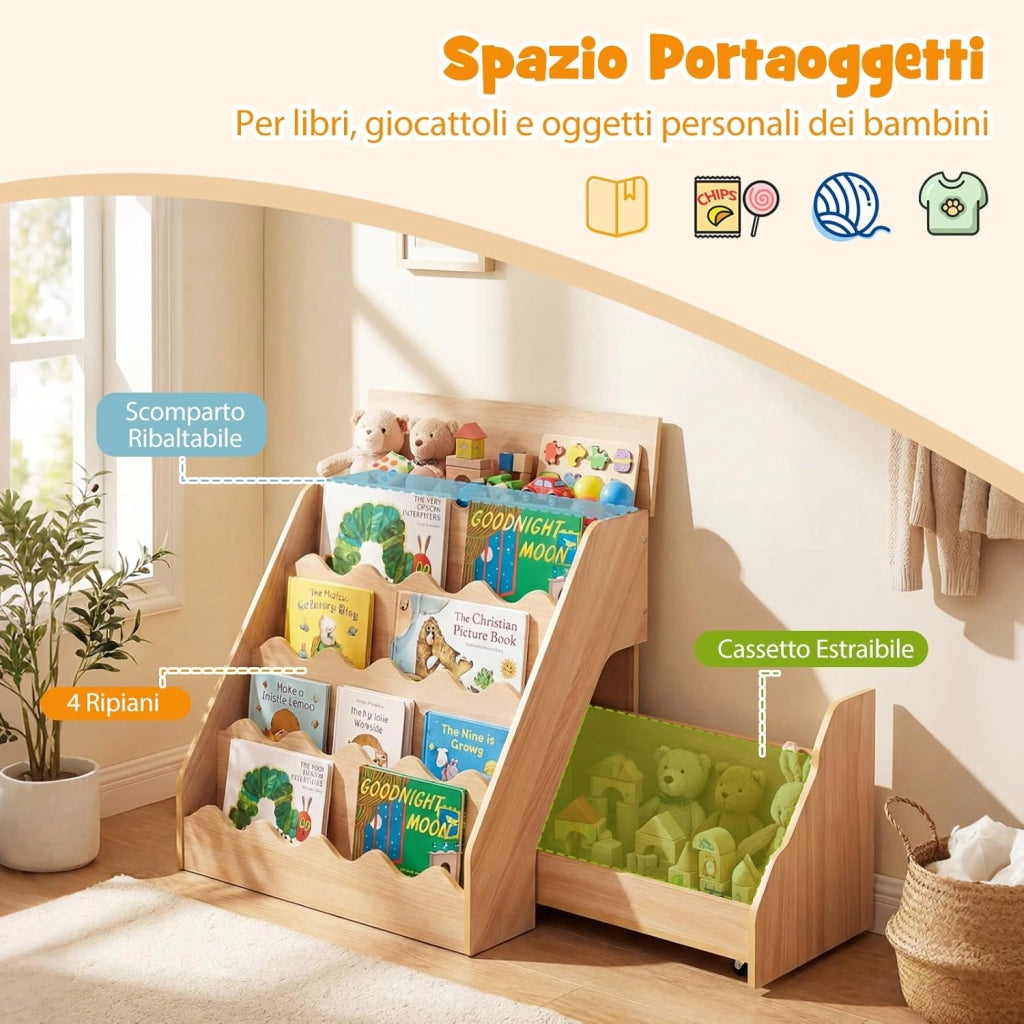 Libreria Montessoriana per Bambini 2in1, Scaffale per Libri a 4 Livelli con Carrello Portagiochi, Vano con Coperchio Ribaltabile, per Cameretta e Stanza dei Giochi, 63x49x61,5 cm (Naturale)