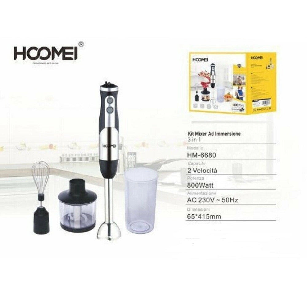 Trade Shop - 3 In 1 Mixer Ad Immersione Multifunzione 800 W 2 Velocita' Cucina Hoomei Hm-6680 -