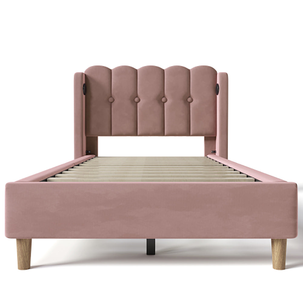 Letto singolo imbottito - Xylo - 90x200 cm - Rosa - Funzione di ricarica USB Type C