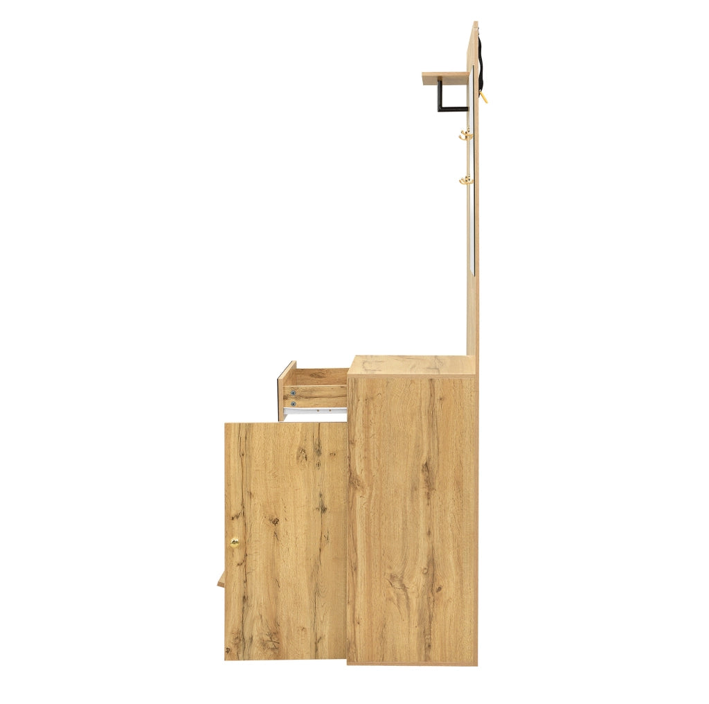 Mobile ingresso con specchio; seduta imbottita e ripiani regolabili 110 x 37 x 185;5 cm; nero e naturale