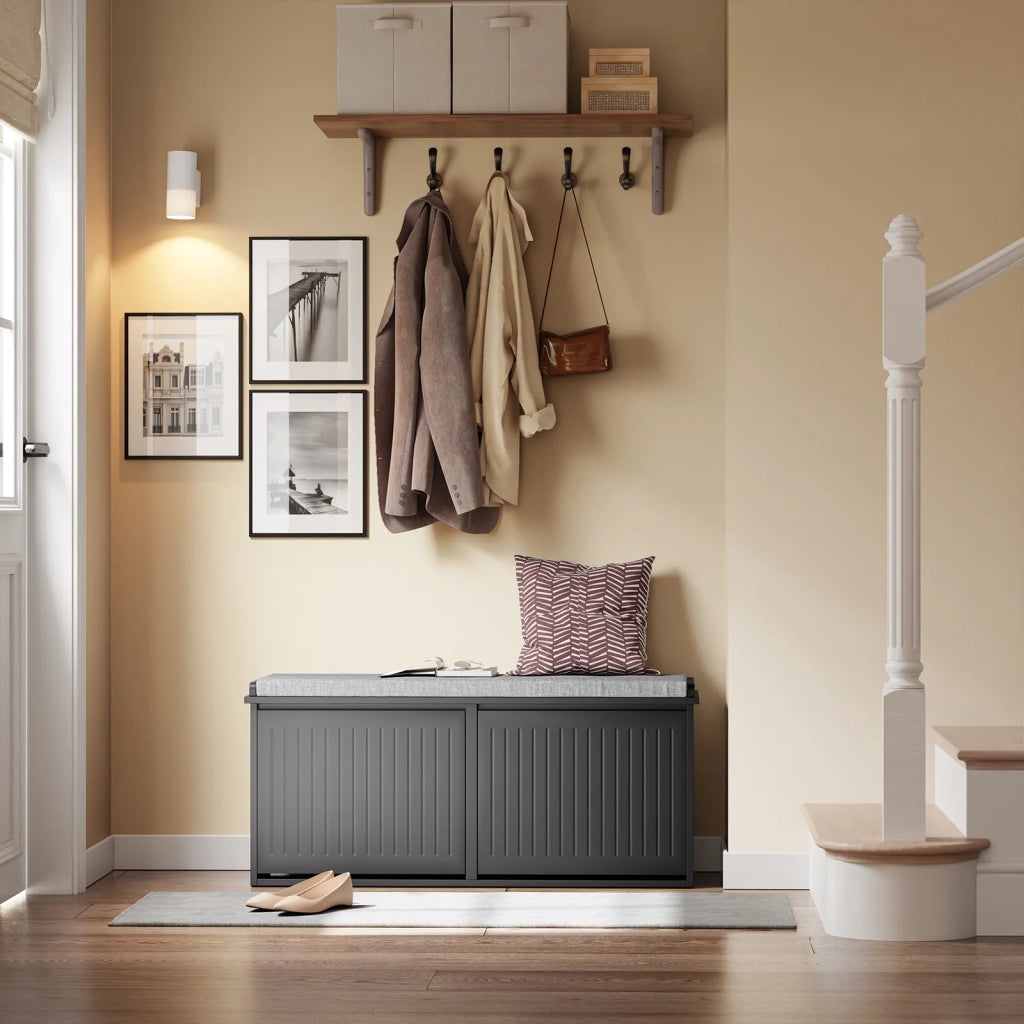 SoBuy Panca Scarpiera da Ingresso - Scarpiera Salvaspazio Slim in Legno, Panca Contenitore per 8-10 Paia di Scarpe, 158kg di Carico, Nero, 100x26x46cm, FSR98-XL-SCH