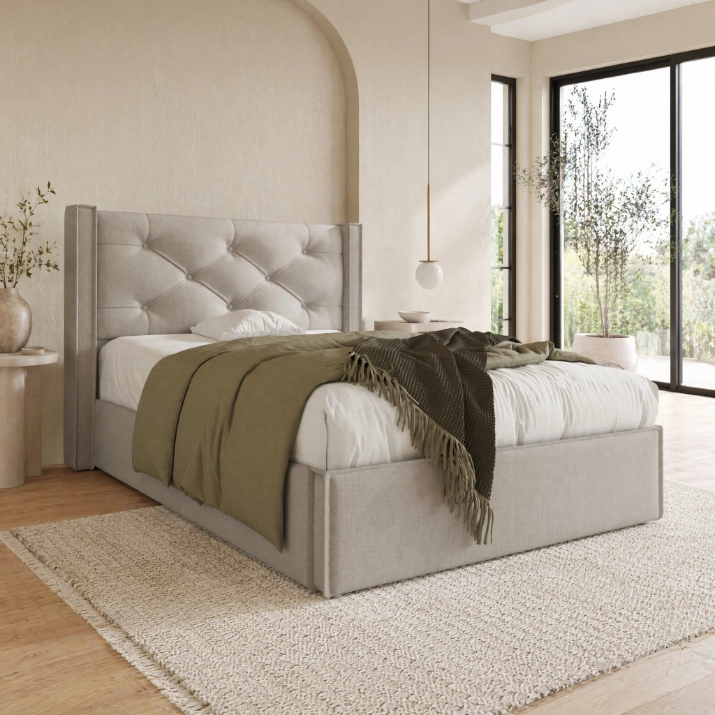 Letto singolo imbottito 90x200 cm con contenitore, rete a doghe sollevabile, grigio chiaro