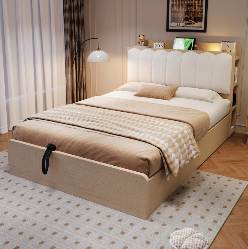 Letto contenitore idraulico 140x200 cm in legno con USB