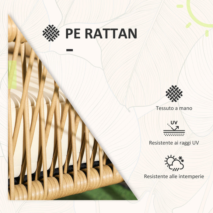 Set Tavolino e 2 Poltroncine con Cuscini da Giardino in Rattan PE Acciaio e Poliestere Beige