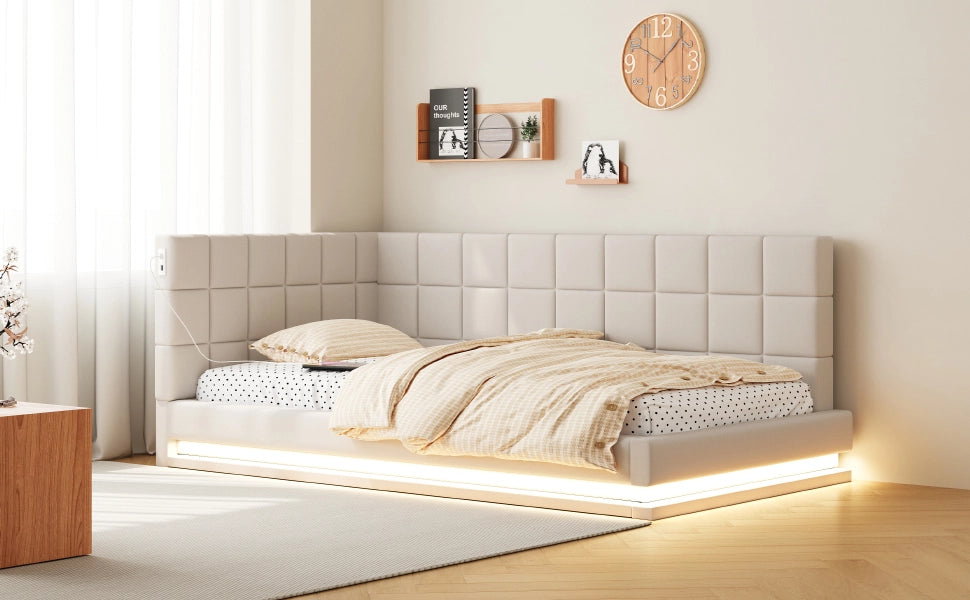 Divano letto imbottito 90x200 in lino beige con LED; USB e rete a doghe