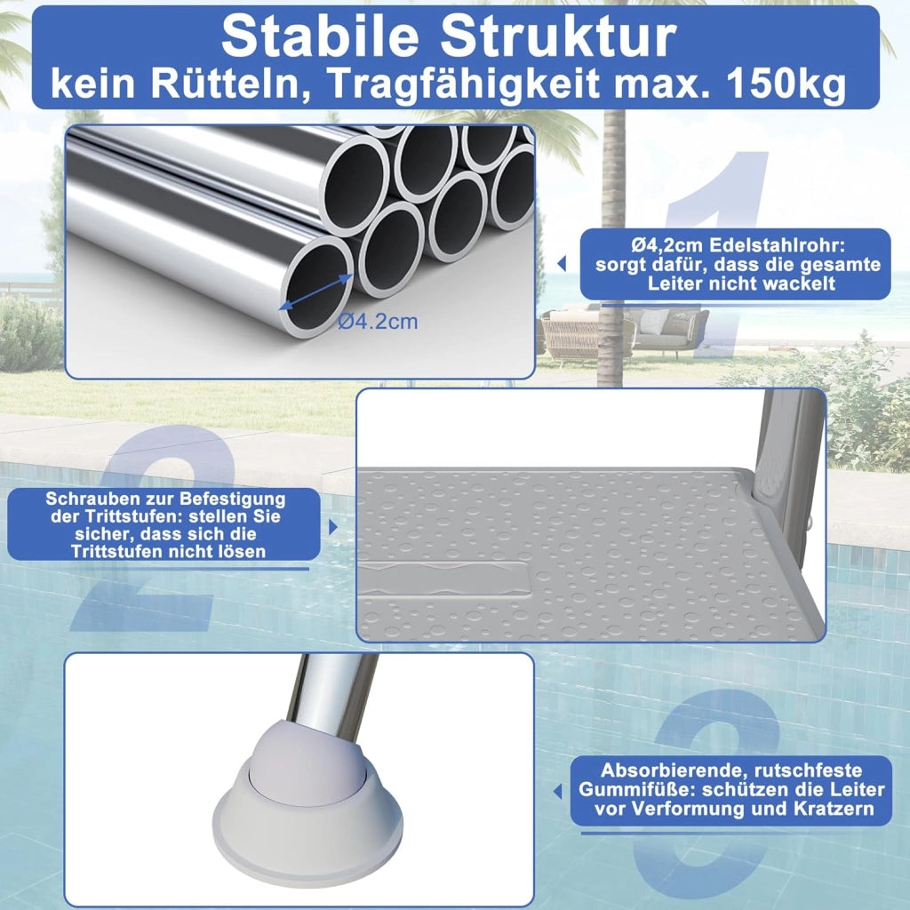 Scala per piscina in acciaio inox, 3 livelli, altezza 120 cm, scala di sicurezza per piscina con pedali e piedi antiscivolo