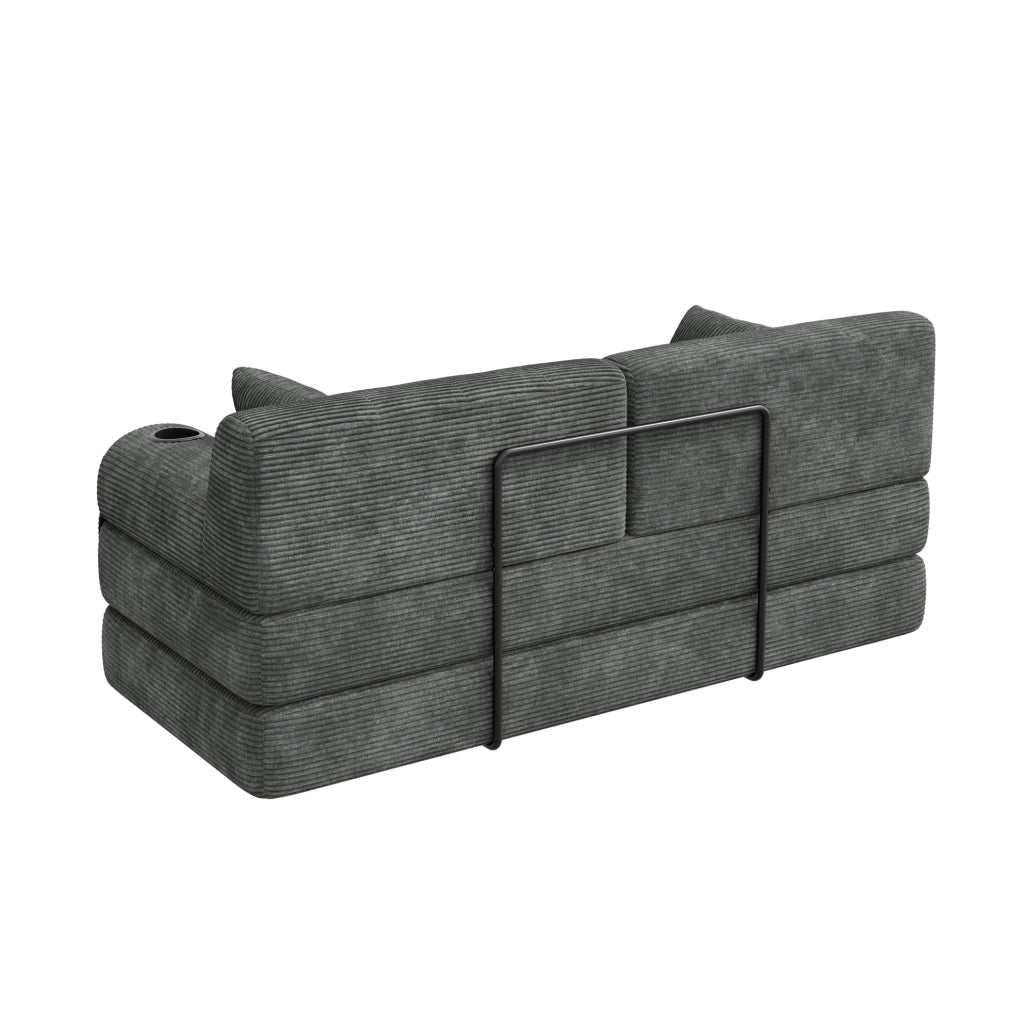 Divano letto compatto in velluto a coste grigio scuro con tasche