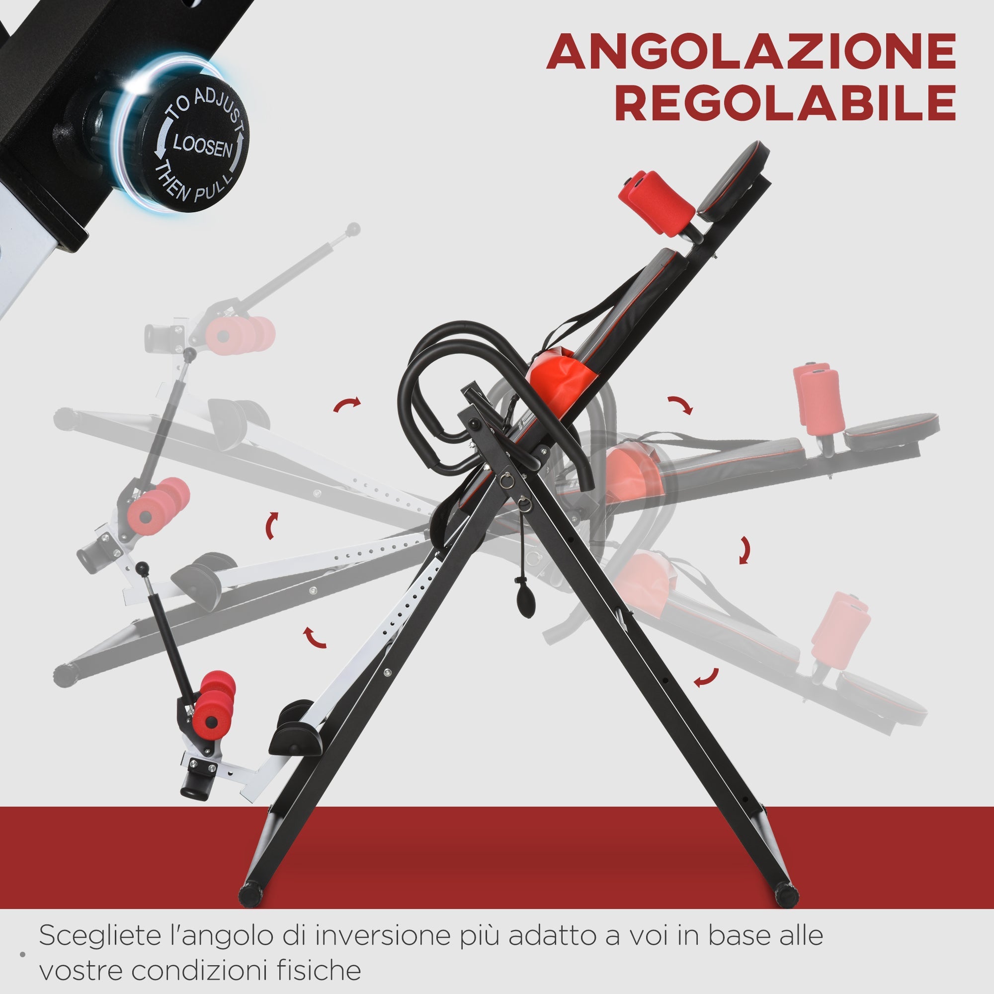 Panca a Inversione Regolabile 79x114x153 cm con Poggiatesta Rosso e Nero