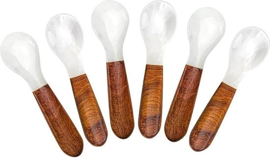 Set di 6 cucchiai con manico in legno - 10 cm - Cucchiai a perle - Cucchiai da kaviar - Portata da kaviar - Portata di uova - Decorazione da catering