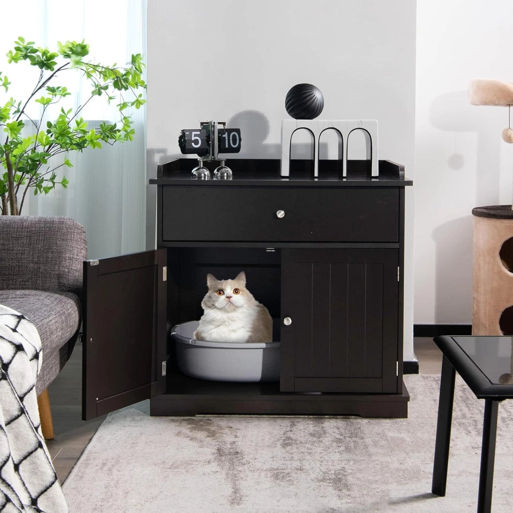 Mobile Lettiera per Gatti con 2 Ante e Cassetto, Armadio per Gatto in Legno con Ingresso Laterale, Grotta Rifugio Multiuso per Soggiorno, Camera da Letto e Ingresso, 76 x 53 x 74 cm