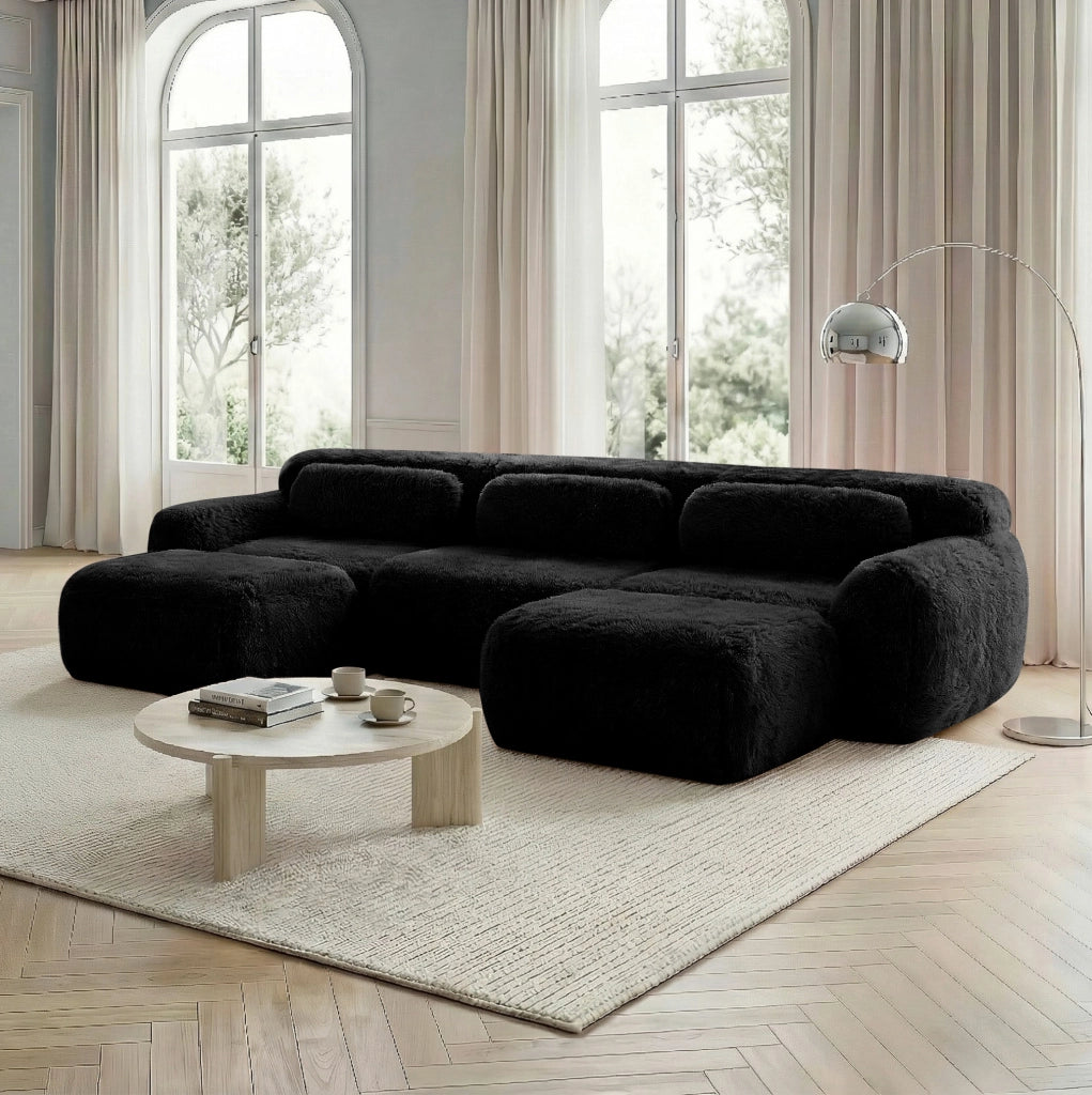 Divano modulare angolare a U in tessuto plush 291x179x73 cm; nero