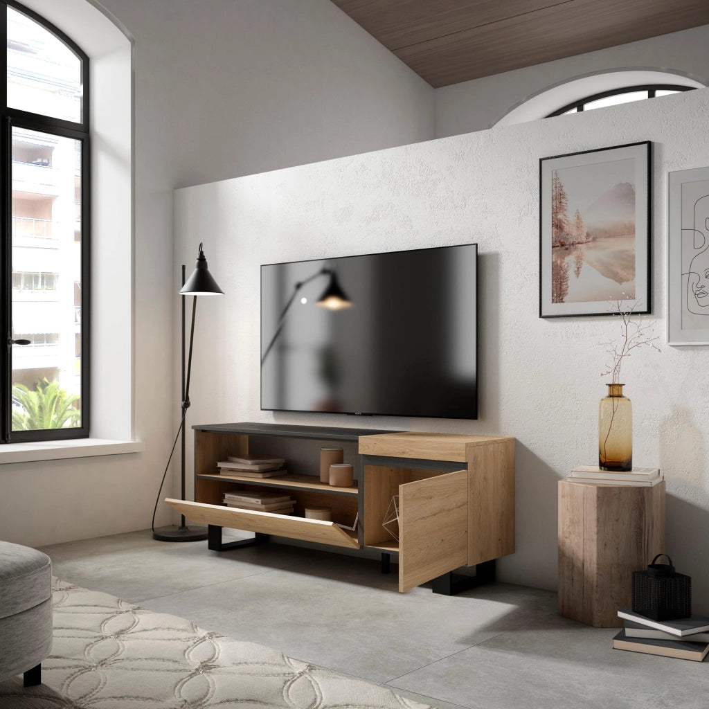 Mobile TV Soggiorno, 150x35x57cm, Per TV fino a 65", Design industriale, colore Rovere e nero RF2428