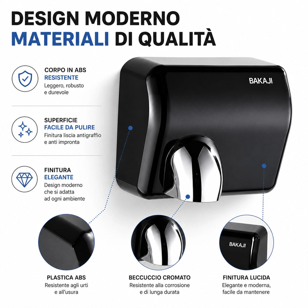 Asciugamani Elettrico Nero da Hotel Aria Calda a Parete 2300W con Fotocellula