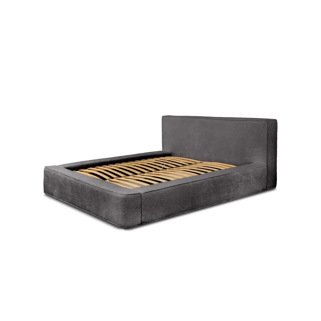 Letto contenitore VELORA – Grigio cenere bouclé – 140x200 cm – Tessuto velluto morbido – Rete sollevabile – Contenitore integrato