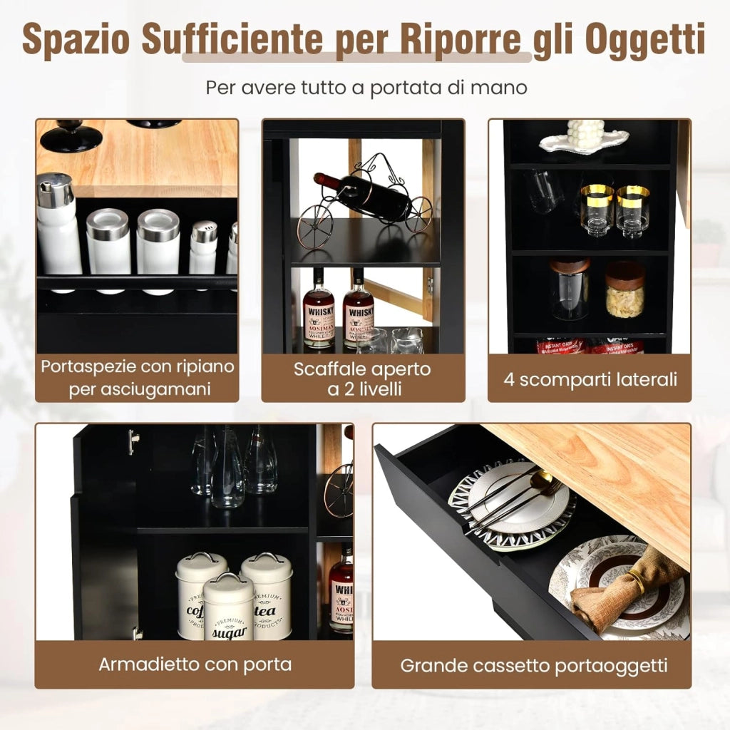 COSTWAY Carrello da Cucina con Cassetto, Carrello Servizio con Ripiano Aperto e Pieghevole, Carrello Multiuso con Ruote e Portasciugamani, 124x76x92 cm (Nero)