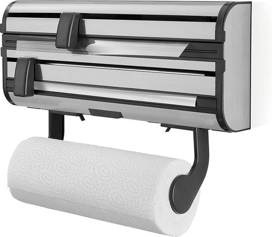 Supporto per 3 rotoli - Registrazione per rotoli di carta in cucina - Registrazione per rotoli di carta con superficie antiscivolo - Taglierino per rotoli con lame affilate Supporto per rotoli