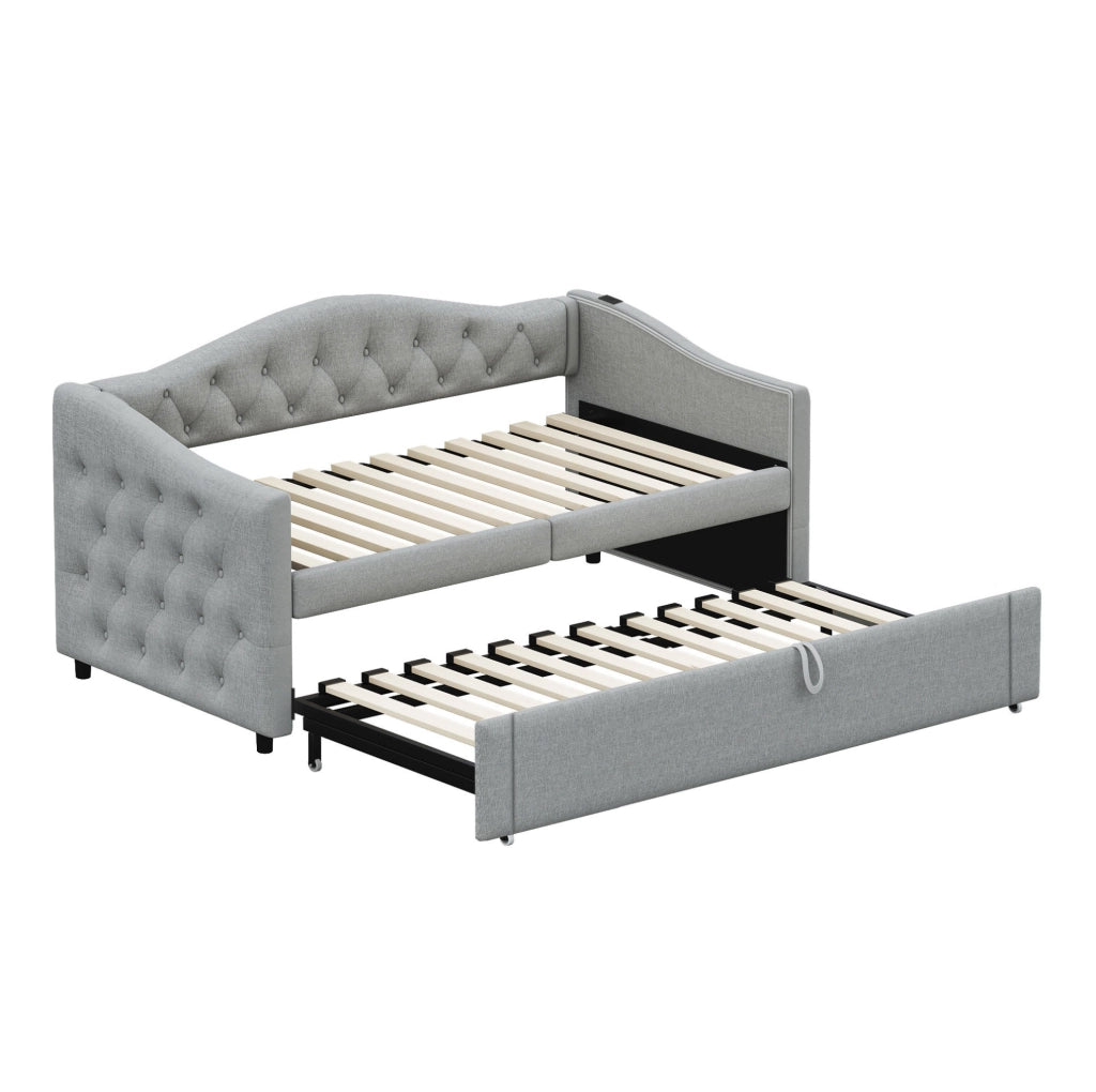 Letto imbottito 90x200 cm multifunzionale con USB in lino grigio