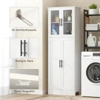 Mobile Bagno Alto con Ripiani Regolabili, Ante in Vetro e Legno, 60x30x170 cm, Bianco