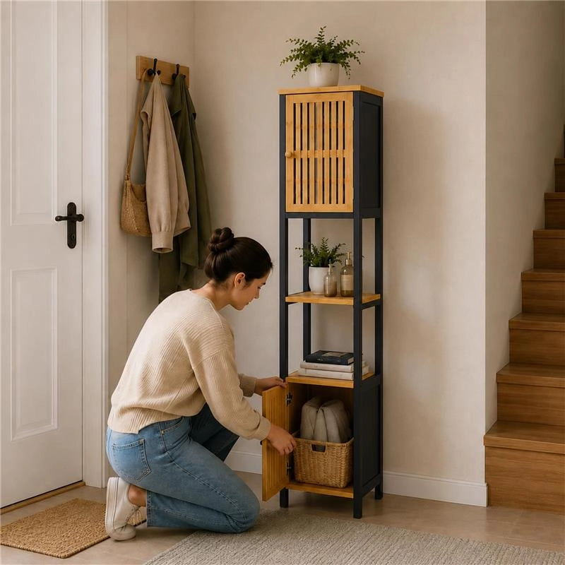 MOBILE DA BAGNO IN LEGNO CON 2 ANTE E RIPIANO IN BAMBOO - COLORE NERO DIMENSIONI 32X30X173 CM