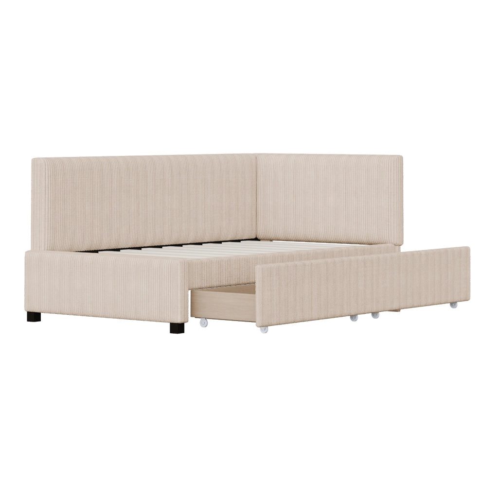 Divano letto classico in velluto; 90x200 cm; con 2 cassetti contenitore; beige