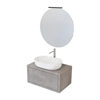Mobile bagno sospeso 80 cm grigio cemento con lavabo a bacinella e specchio tondo Master