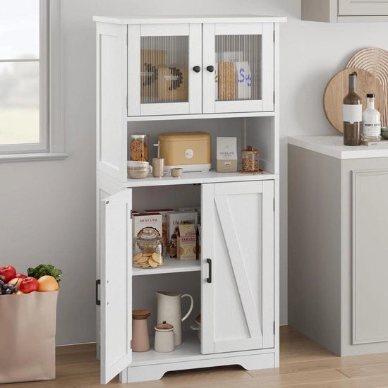 Cassettone alto - Cassettone cucina con mensola regolabile - 4 porte vetrata per cucina - bagno - soggiorno cassettone per bagno alto