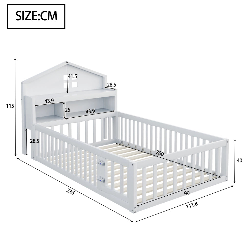 Letto per bambini a casetta 90x200 cm in legno massello bianco con contenitori; lavagna e rete a doghe