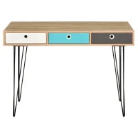 Scrivania Moderna con 3 Cassetti Multicolore in Legno e Metallo, Scrivania per Camera e Ufficio in Stile Nordico, 110x50x77.5cm