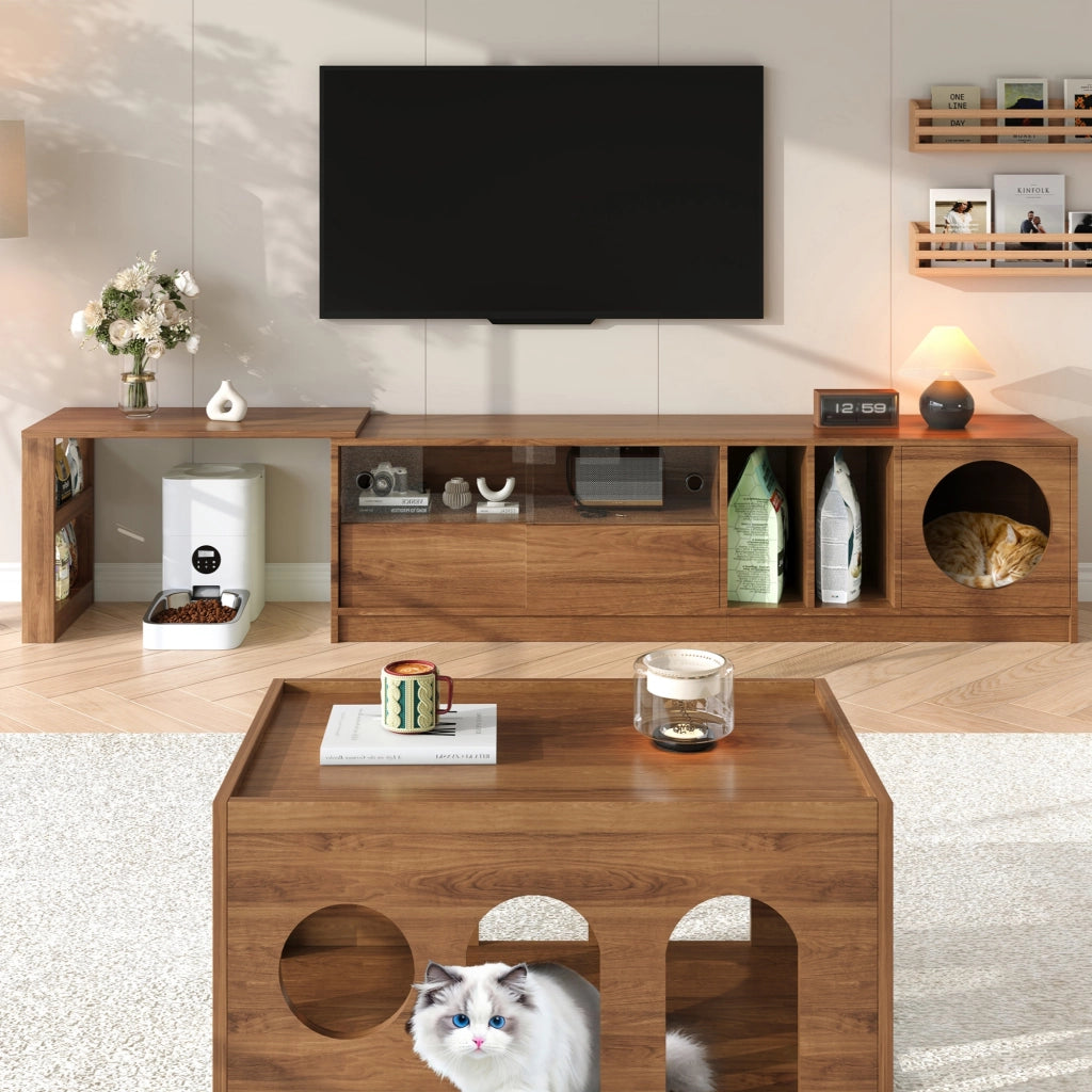 Mobile TV Rotante con Ante in Vetro e Vano Gatto ¨C MINIMAL ¨C Noce, 180(+80)¡Á40¡Á50 cm