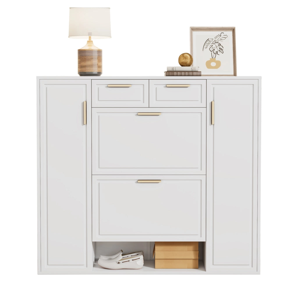 Scarpiera con 2 cassetti, ripiani regolabili e vani aperti, in MDF e truciolare, per ingresso, bianco, 120 × 24 × 107 cm