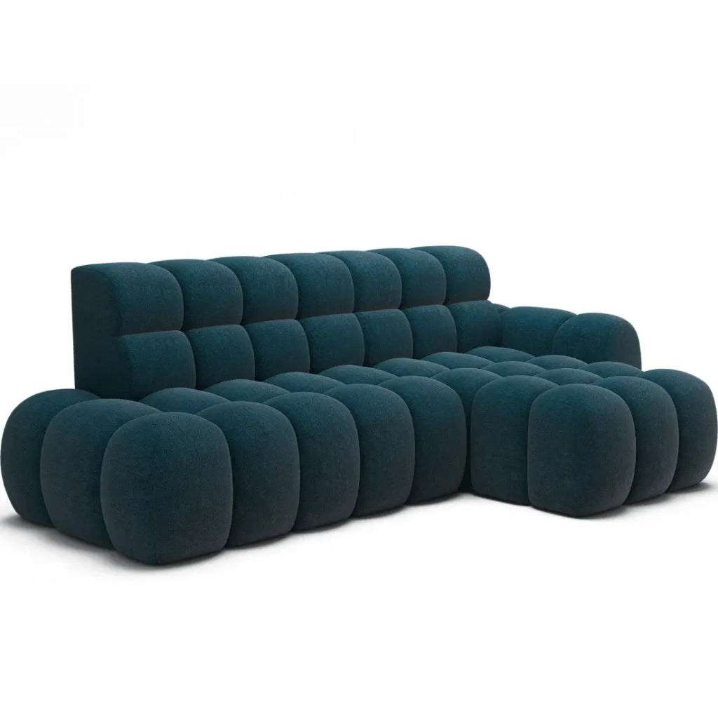 Divano ad angolo convertibile BULLA 3 posti blu angolo sinistro - tessuto bouclé con estensione della seduta elettrica