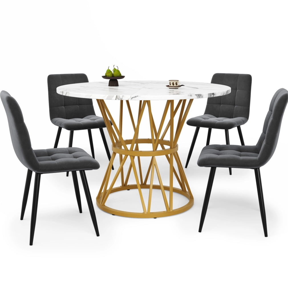 Set tavolo e 4 sedie rotondo 100 cm MDF effetto marmo grigio e oro