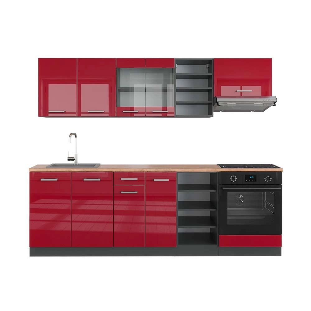 Cucina componibile R-Line Rosso lucido/Antracite 240 cm, PL Rovere Vicco