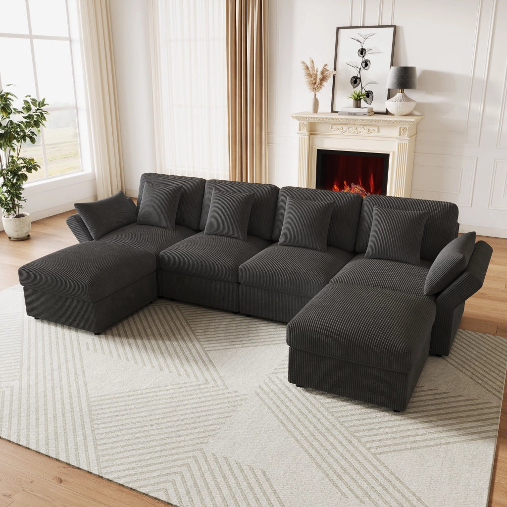 DIVANO ANGOLARE MODULARE 290 x 159,5 x 89 cm in Corda Grigio con 2 Pouf