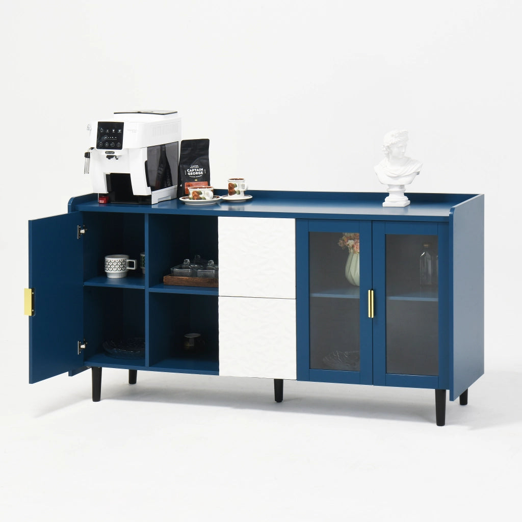 Credenza con 2 Cassetti; 2 Vani a Giorno e 2 Ante in Vetro; Stile Moderno; in MDF; Blu
