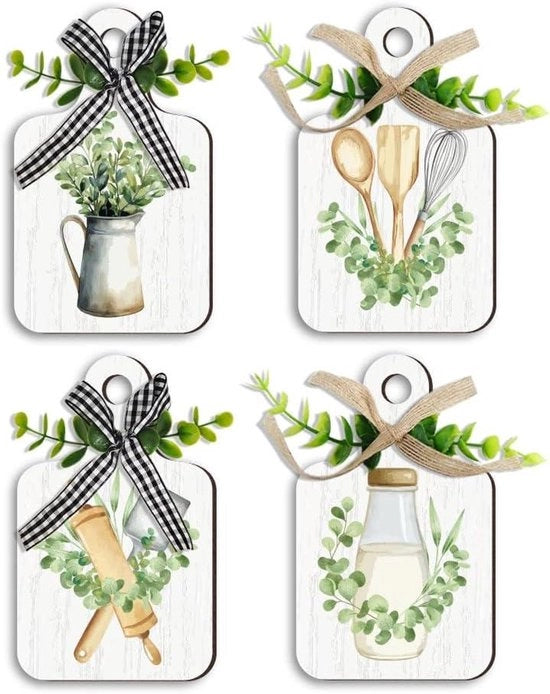 Decorazione da parete bohemien per cucina con piatti di salvia verde - Set di 4 piatti in legno - Tavola da appendere per il cibo a casa, cucina, bar, caffè - Piatti decorativi per cucina rurale - 15 x 9 cm