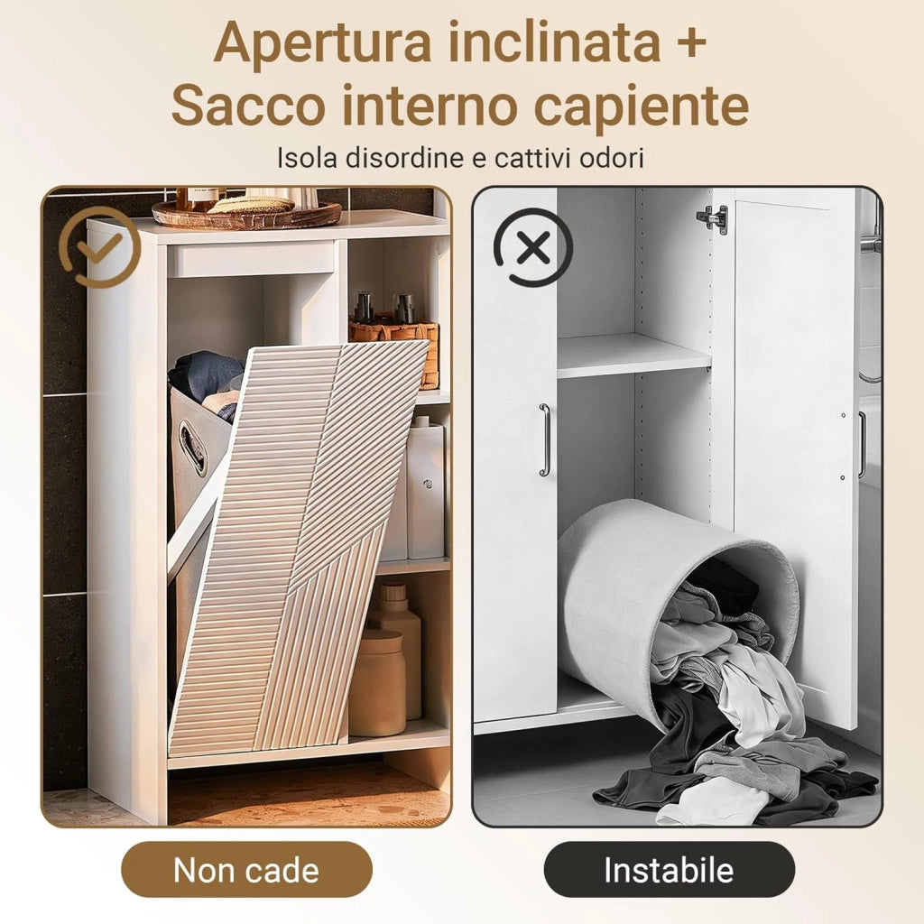 Mobiletto Bagno Salvaspazio con Cesto Portabiancheria – Mobile Bagno Salvaspazio Armadietto Alto e Stretto con Anta a Ribalta e Ripiani Aperti, 86x50x30cm, Bianco BZR156-W