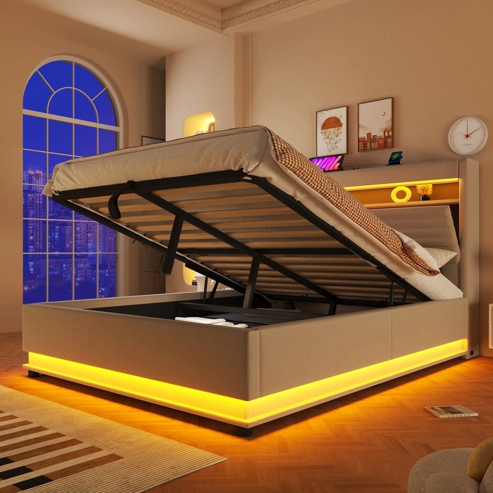 Letto Imbottito Contenitore con LED e USB ¨C MINIMAL ¨C Tessuto Beige 140x200