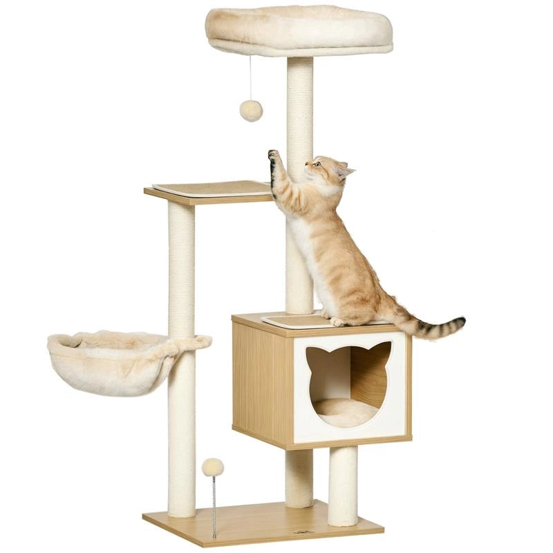 TIRAGRAFFI PER GATTI CON 2 PALI, CASETTA, AMACA, LETTINO E 2 PALLINE, IN LEGNO, PILE E SISAL, 48X40X126 CM