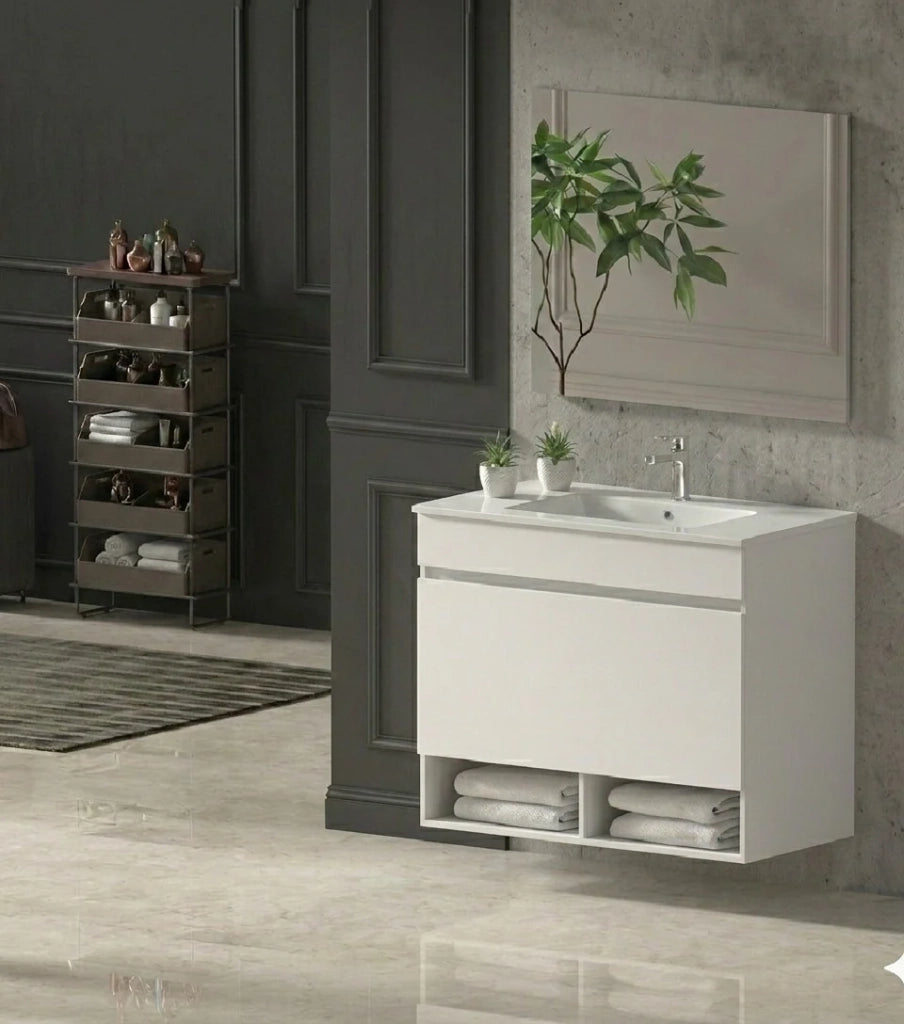 Mobile Bagno NEBARI Già Montato 1 cassetto, lavabo e specchio Bianco lucido 80x45 cm