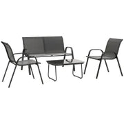 Set da Giardino con Divano 2 Posti, 2 Poltrone Impilabili e Tavolino in Vetro, Nero
