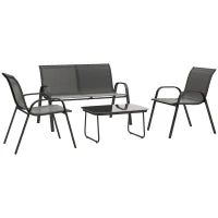 Set da Giardino con Divano 2 Posti, 2 Poltrone Impilabili e Tavolino in Vetro, Nero