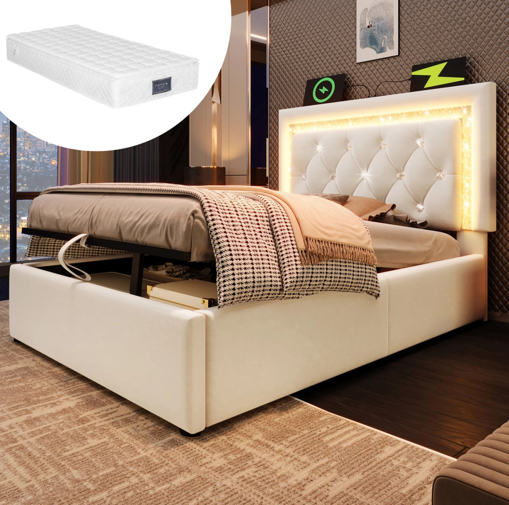 Letto singolo 90x200 cm in velluto beige con LED, USB-C e materasso